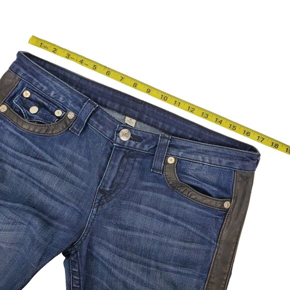 TRUE RELIGION Jeans Womens 31 Blue Leather Accent Flap Pockets Designer Bootcut - Picture 7 of 11